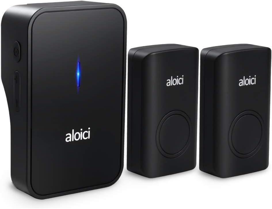 No Battery Required Wireless Doorbell, IP55 Waterproof 2 [Self-Powered] Push Button and 1 Plug-in Receiver, 58 Chimes with 4 Level Volume and LED Flash [ Black, 2018 Upgraded ]