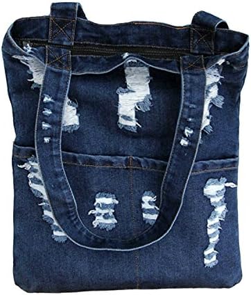 Women Canvas Bag Denim Holes Tote Shoulder Handbag Shopping School Large Pockets (Navy)