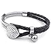 KONOV Womens Leather Stainless Steel Bracelet, Heart Charm Braided Cuff Bangle, Black Silver