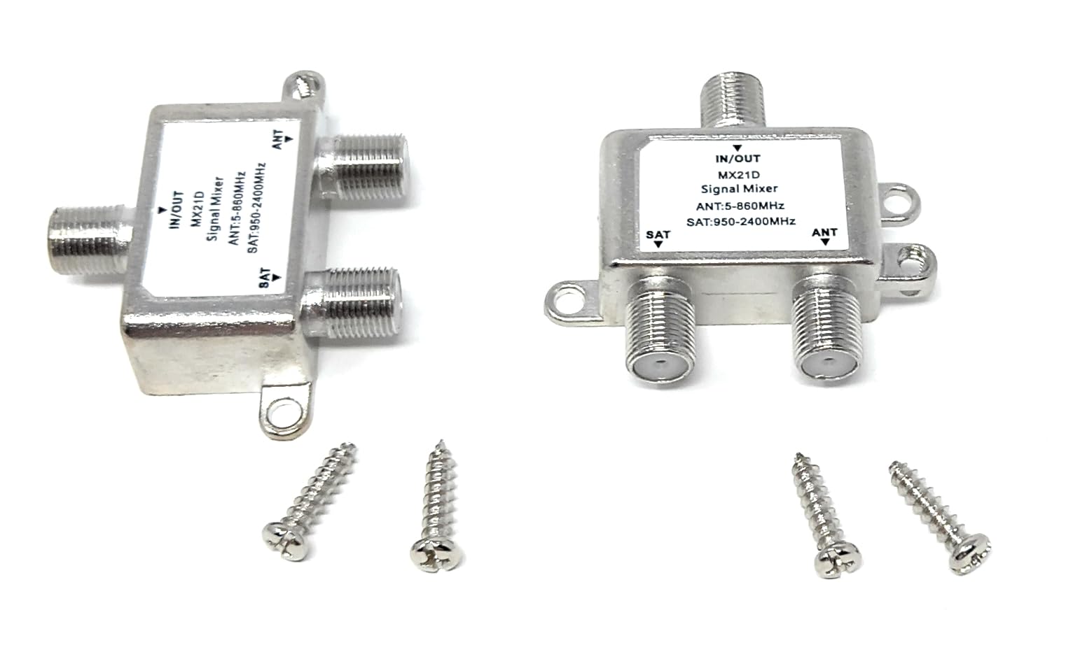 2pcs. 2 Way TV/SAT Satellite Combiner Splitter Adapter Metal Casting 1 x Female Input/Output 2 x Female Input/Output 950-2300/40-862 MHz