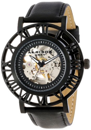 Akribos XXIV Men's 'Stainless Steel Automatic Leather Casual Watch, Color:Black (Model: AK551BK)