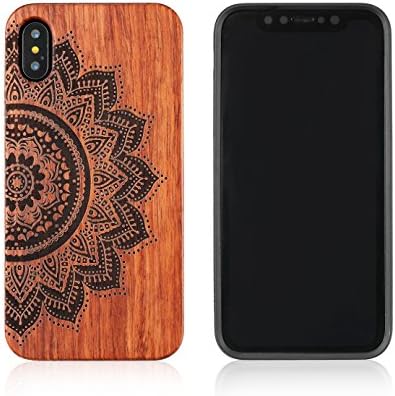 JUBECO for iPhone X Case, Wood +PC+ TPU Hybrid [ Perfect Fit ] Hard Protect Case Shock Absorption,Nature Case (mandala rosewood)