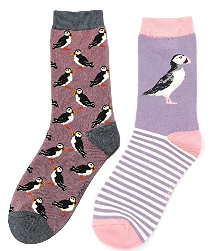 LilyRosa® Ladies Puffin Socks Purple Orange Puffins Bird Girls Bamboo Mix (Two Pairs)