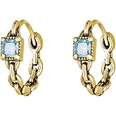 SLUYNZ 925 Sterling Silver Blue CZ Hoop Earrings for Women Teens Link Hoop Earrings Retro Huggie Hoop Earrings