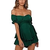 Womens Off Shoulder Boho Short Romper Ruffle Chiffon Tie Waist Shorts Jumpsuit Playsuits (green 009,XL)