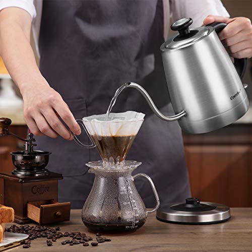 COMFEE' MK-12S07A Gooseneck Electric Kettle Stainless Steel Drip for Pour Over Coffee and Tea, Feature and Thermometer Gauge on Top, 1.2 L, 1500W Fast Boiling. BPA Free