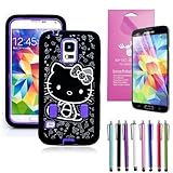 Epic Gadget(TM) Samsung Galaxy S5 i9600 Hybrid Heavy Duty Protective Combo Case Cute Purple Miss Kitty Shockproof Cover Skin With Built in Screen Protector + Free Screen Protector and 1 Stylus Pen (Hello Kitty Purple Case)