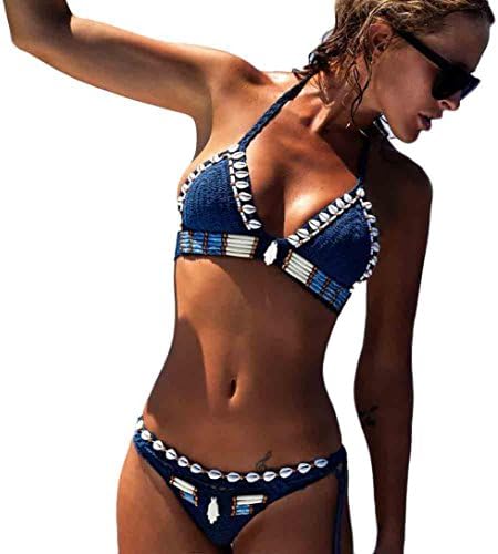 Women Ladies Two Piece Swimsuit Ladies Bohemian Handmade Knitted Shell Halter Split Bikini Set Padded Bra Tops +Swimming Pants Bathing Sexy Swimwear Beachwear Ethnic Style Water Sports