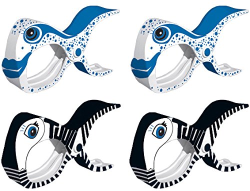 tuuli Accessories Summer Clips Large Pegs for Beach Towel Laundry Clothes Quilt Camping Garden Kite Surf Sunbed Sun Lounger Buggy Accessory (2x Black + 2x Fish)