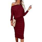 Ezbelle Women's Off The Shoulder 3/4 Sleeve Batwing HIPS-Wrap Pencil Party Sexy Bodycon Midi Dress Loose
