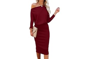 Ezbelle Women's Off The Shoulder 3/4 Sleeve Batwing HIPS-Wrap Pencil Party Sexy Bodycon Midi Dress Loose