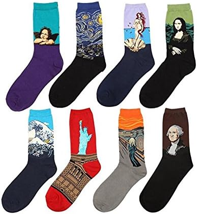 Men's Art Patterned Casual Crew Socks 8-Pack Cotton Socks Unisex Socks