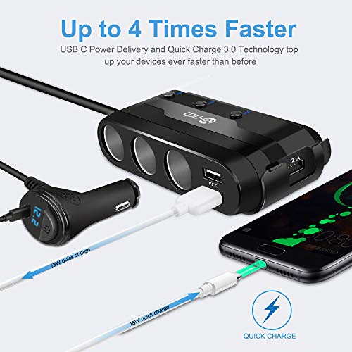Te-Rich Quick Charge 3.0 & USB C 120W 3-Socket Cigarette Lighter Adapter, 12V/24V Car Power Outlet Splitter Multi Port USB Charger Compatible w/Nexus 6P, Pixel, Galaxy S9/S8/Note 8, iPhone X/8/8 Plus