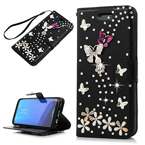 Galaxy S8 Case, Wallet Case [Folio Style][Stand Feature] Card Slots Case Premium Protective PU Leather Flip Cover 3D Handmade Bling Diamonds Floral Butterflies Hand Strap by Mavis's Diary - Black - Thumbnail 2