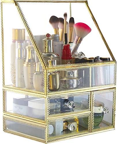 PENGKE X Large Gold Makeup Organizers,Dust Proof Cosmetic and Jewelry Storage Case with 5 Drawers,10.5 x8.1 x14.5 inch,Pack of 1