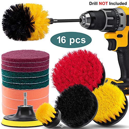 16 Piece Drill Brush Attachment Set, ONE PIX Power Scrubber Cleaning Kit with Extend Long Attachment Scrub Pads Sponge for Grout, Tile Sealants, Carpet, Sink, Bathtub, Floor, Wheels