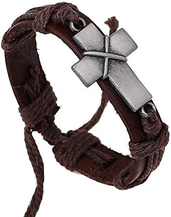 Nice Buckeye Simple Style Cross of Christ Studded Adjustable Length Leather Bracelet