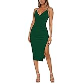 OWIN Women's Sexy V Neck Sleeveless Adjustable Spaghetti Straps Bodycon Ruched Midi Split Cocktail Club Party Dress