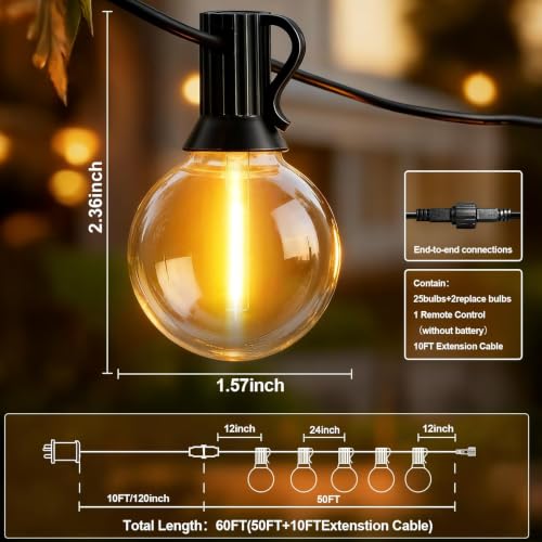 AODLEDY Outdoor String Lights, 60FT/18m 25+2 LED G40 Bulbs Garden Lights Mains Powered with Remote Control Dimmable Timer, Waterproof Festoon Light for Balcony Gazebo Patio Pergola