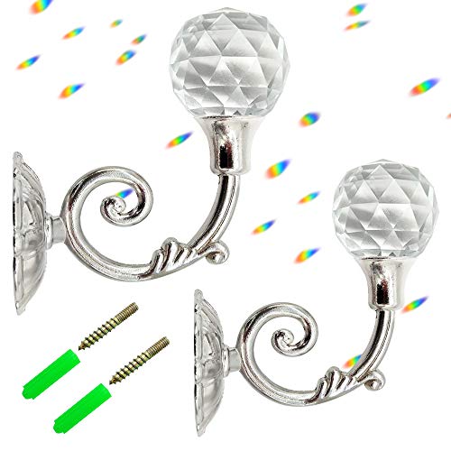 Glittery 2 PCS Clear Crystal Curtain Holdbacks Wall Mounted Tassel Curtain Tieback Hook Drapery Tiebacks Clothes Coat Hat Towel Hanger Holder (Silver)