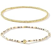 SHINUS BOHO Gold Beaded Stack Bracelets Set for Women, 2Pcs Cute Boho Handmade Colorful Small Beaded Stackable Friendship Stretch Bracelet Summer Prom Jewelry Gift.