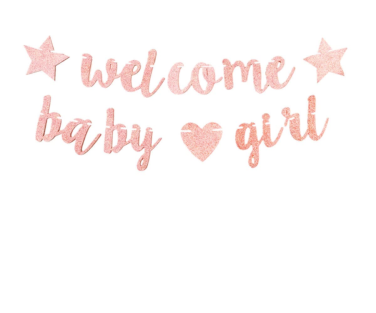 bng-bng Baby Shower Decorations Welcome Baby Girl Home Banner Glitter Girl Newborn Baby Shower Bunting Birthday Party Hanging Decorations Supplies Rose Gold Pre-strung