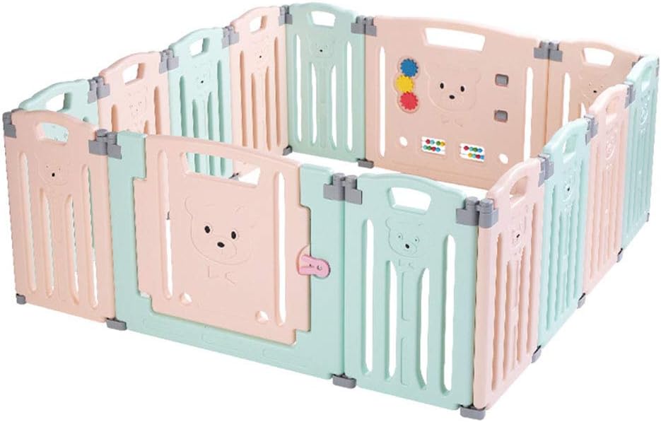 Foldable Baby Playpen 14 Panel Activity Center Safety Playard with Lock Door, Kid's Fence Indoor Outdoor,Free Installation,Anti-Slip Base for Children 10 Months~6 Years Old