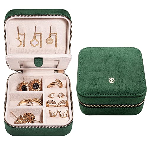 S.Leaf Travel Jewelry Organizer Boxes for Women Small Portable Necklace Earrings Bracelet Rings Travel Case Best Friend Birthday Gifts for Women Trendy (08_Suede_Touch_Emerald)
