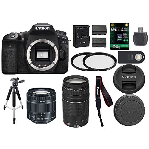 Canon EOS 90D Digital SLR Camera + Canon 18-55mm STM + Canon 75-300mm III Lens + SD Card Reader + 64gb SDXC + Remote + Spare Battery + Accessory Bundle – International Version