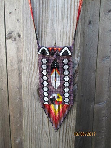 hand beaded purple star feathers work cell phone medicine pouch bag purse native american Indian style. Fair Trade made in Guatemala. Southwest design hand made Ethnic tribal pow wow regalia