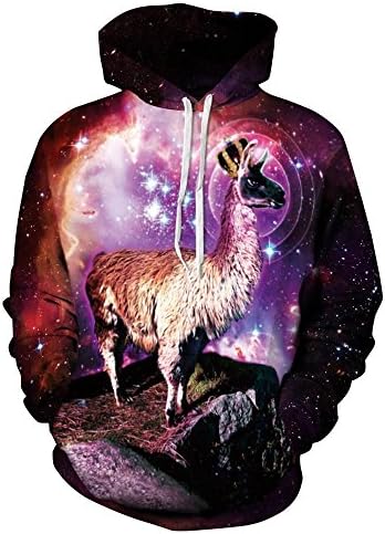 Queen Area 3d Digital Print Lunar Llama Drawstring Hooded Sweatshirt Casual Pullover Hoodie with Big Pockets XL