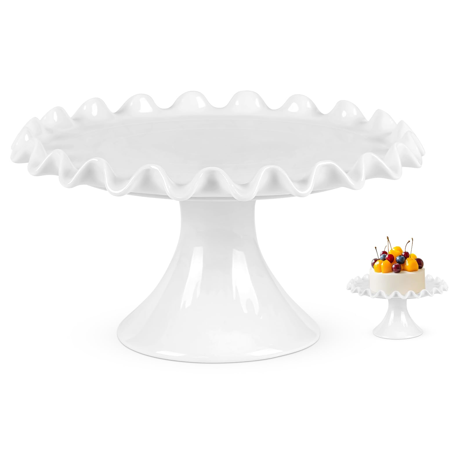 Photo 1 of 8 Inch Porcelain Cake Stand, Round White Cake Stand, Dessert Stand Cupcake Stand Display Dessert Stand for Parties, Wedding, Birthday, Baby Shower, Ruffle Trim