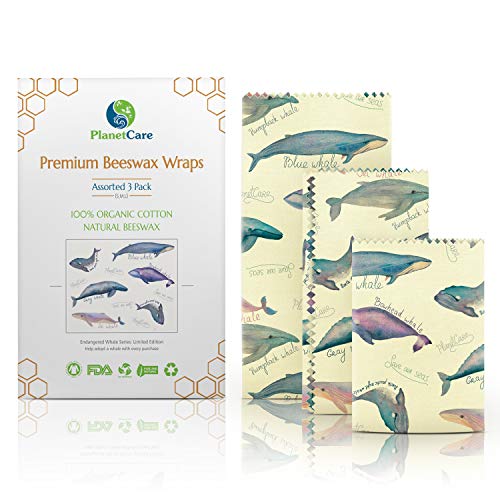 PlanetCare BEESWAX WRAPS; Set of 3 (S M L): Endangered Whales Series Limited Edition: Reusable food wrap, 100% ORGANIC, 100% BIODEGRADABLE; plastic free HEALTHY sustainable beeswax wrap