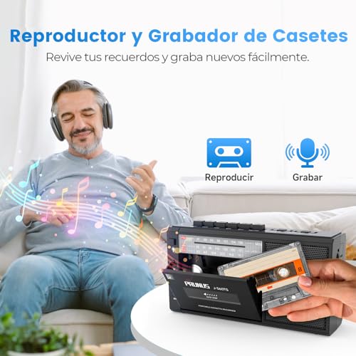 PRUNUS J-360 Bluetooth Cassette Player, Am/FM Solar and Rechargeable Radio Cassette Player with Headphone Jack, TF/USB Player.