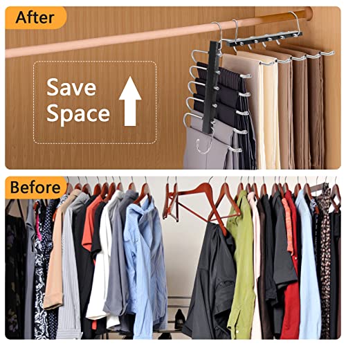 TAOPE Trouser Hangers Space Saving, 2 Pack Stainless Steel Hangers Pants Organizer, Non-Slip Closet Storage Organizer, 5 in 1 Scarf Holder for Skirts Jeans Scarves Belts Towels Ties Leggings - Black