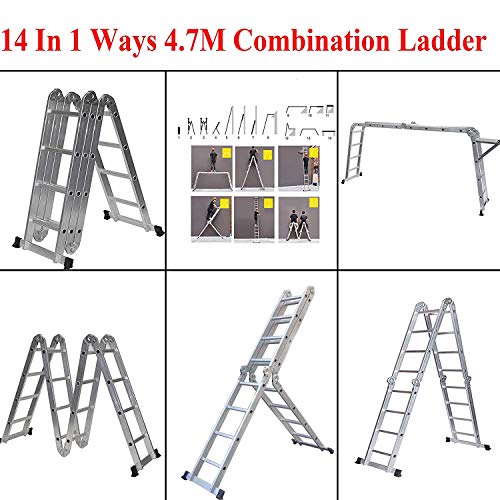 ZhanGe Scaffold Ladder, Extension Ladder 4.7M, Multi-Purpose Ladder, Adjustable Combination 15.5Ft Extendable Aluminum Folding Collapsible Lightweight Locking Hinges 330lbs Capacity En131 Standard