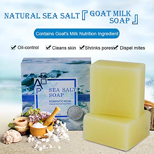 2PCS Sea Salt Soap Bars with Goat's Milk Natural,ROMANTIC BEAR Blackhead & Acne Scars Remover,Anti Cellulite Soap Deep Facial Cleaning For Natural Dry And Oily Skin - Thumbnail 3