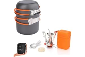 Gurukim 6pcs Camping Cookware Mess Kit Camping Pot and Pan Set with Mini Camping Stove Spork and Carry Mesh Bag Cooking Gear 