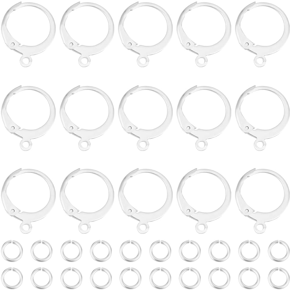 Beebeecraft 1 Box 20Pcs Leverback Earring Findings 925 Sterling Silver Plated Stainless Steel 14x12mm Round Lever Back Hoop Earring with 20Pcs Jump Rings for Jewelry Making