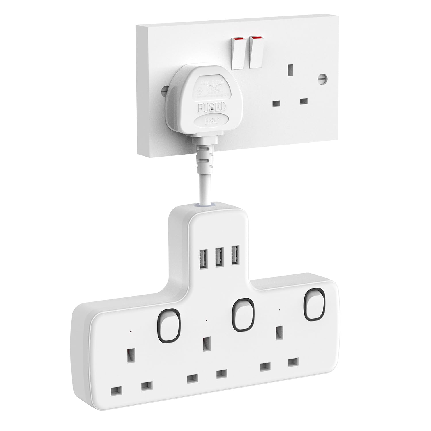 Mscien Multi Plug Adaptor, Plug Socket Extension with USB Slots,3 Way Individually Switched Plug Adapter, Wall Socket Extension Plug Extender