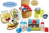 Winnie The Pooh Bundle of Joy 8 pieces Baby Gift Set 3 Pooh Baby Bibs 3 Pooh Baby Bottles 1 BPA Free Pooh Sippy Cup 1 Cute Pooh Christmas Stocking 0-12 Months in Natural Kraft Gift Box for Boys
