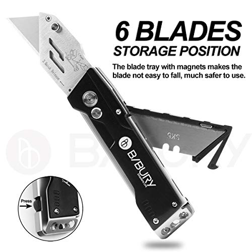 BIBURY Folding Utility Knife, Heavy Duty Box Cutter Pocket Carpet Knife, Blade Storage in Handle