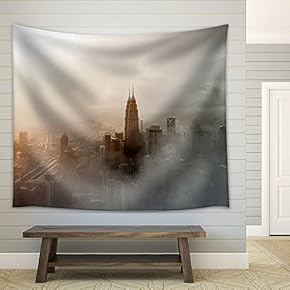 Aerial View of City Building in Mist - Fabric Wall Tapestry Home Decor - 51x60 inches