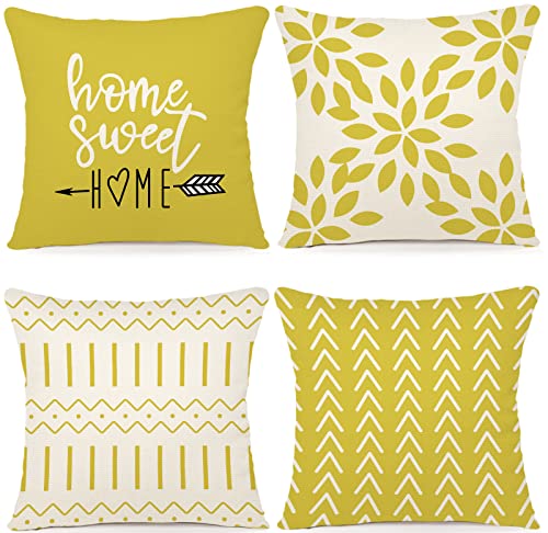 YCOLL Pillow Covers 16x16 Set of 4, Modern Sofa Throw Pillow Cover, Decorative Outdoor Linen Fabric Pillow Case for Couch Bed Car, Lemon Yellow