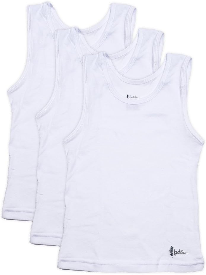 Feathers Boys White Tank 100% Cotton Super Soft Tagless Undershirts 3-Pack
