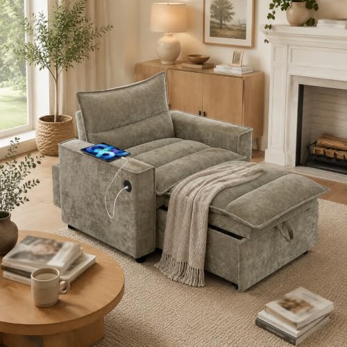 VANOMi Convertible 3-in-1 Sleeper Chair Sofa Bed, USB Ports, Chenille Camel