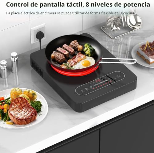 VBGK Vitroceramica Portable 2000W, Portable Vitro with Timer, 8 Power Levels, 220V~240V with Plug, Electric Plate for Camping Compatible with All Types of Pots