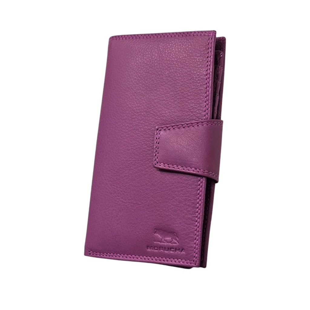 MORUCHA Genuine Leather Clutch Wallet for Women - High Capacity RFID Blocking Long Bifold Purse with 11 Card Slots, Photo ID Holder & Gift Box M-95 (Fuchsia)