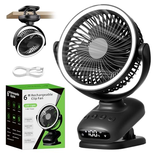 WUQNGI Mini Portable Fan, 10000 mAh Silent Table Fan, USB Powerful Desk Fan with Clamp and Timer, Oscillating, Rechargeable, LED Lights for Night Camper Stroller Office
