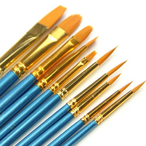 KingWo 10Pcs Artists Paint Brush Set Acrylic Watercolor Round Pointed Tip Nylon Hair
